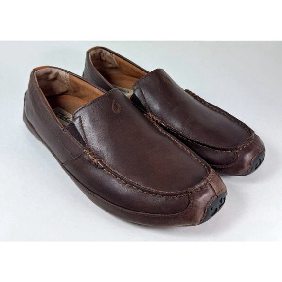OluKai Loafers Brown Leather Akepa Moc Moccasin Slip On Driving Shoe Mens 10.5 main image 10